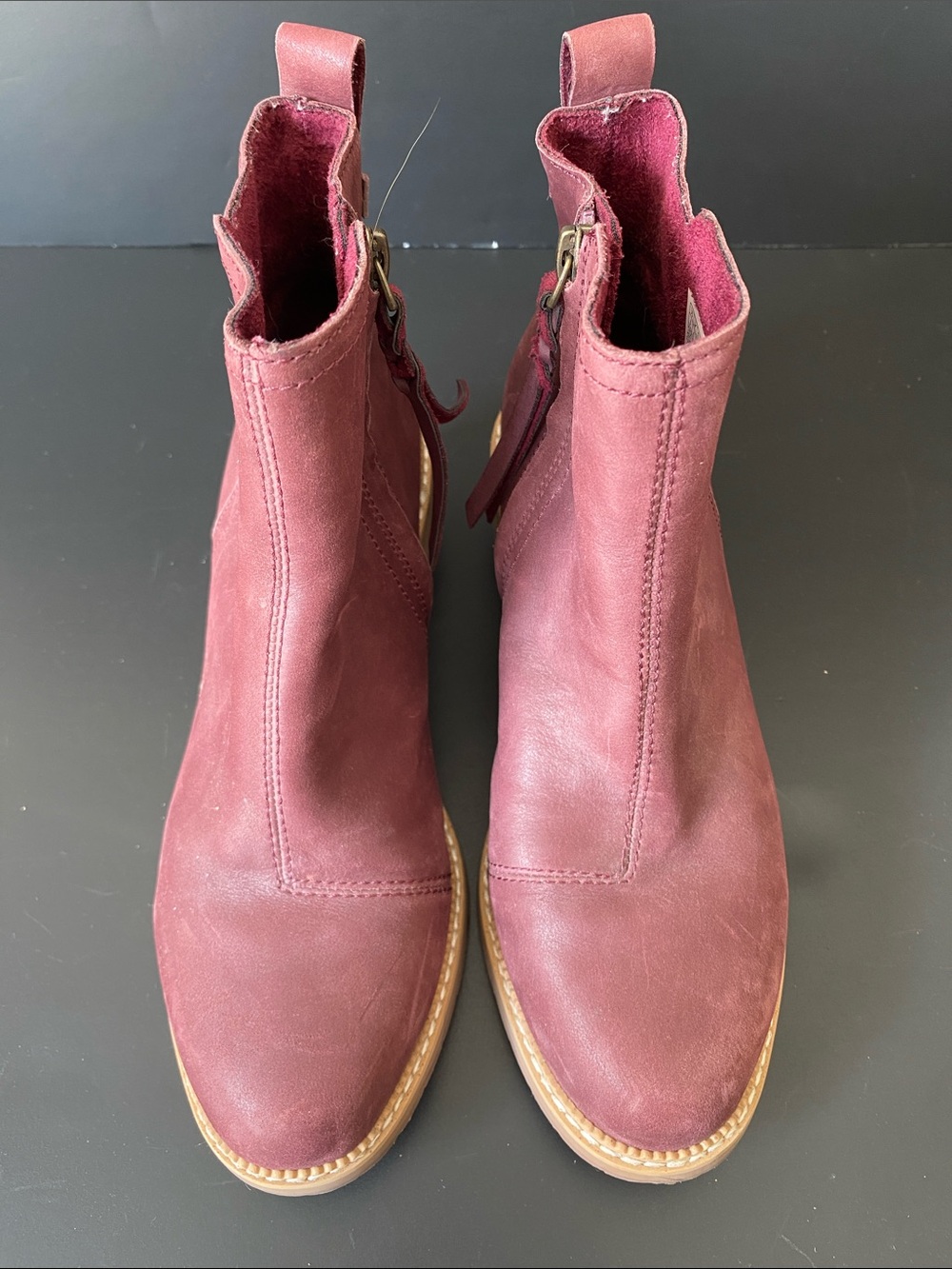 Toms Marina Leather Zip Chunky Heel Ankle Boots Plum Burgundy size 6